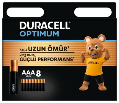 Duracell Optimum AAA Alkalin İnce Kalem Pil, 1,5V (LR03 / MN2400), 8’li Paket - 1